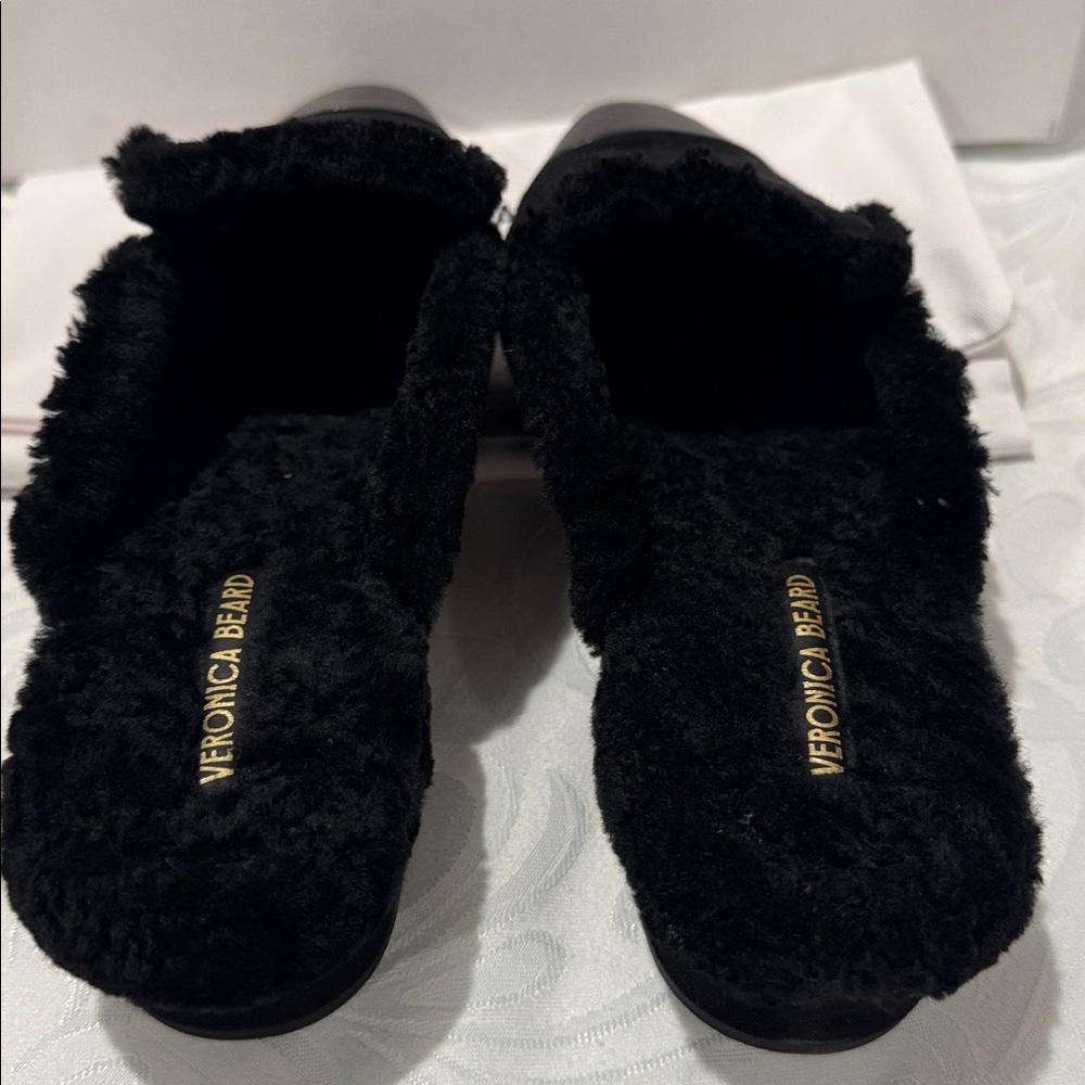 Veronica Beard Black Shearling-Trim Leather Cap-Toe Mules - Picture 9 of 15